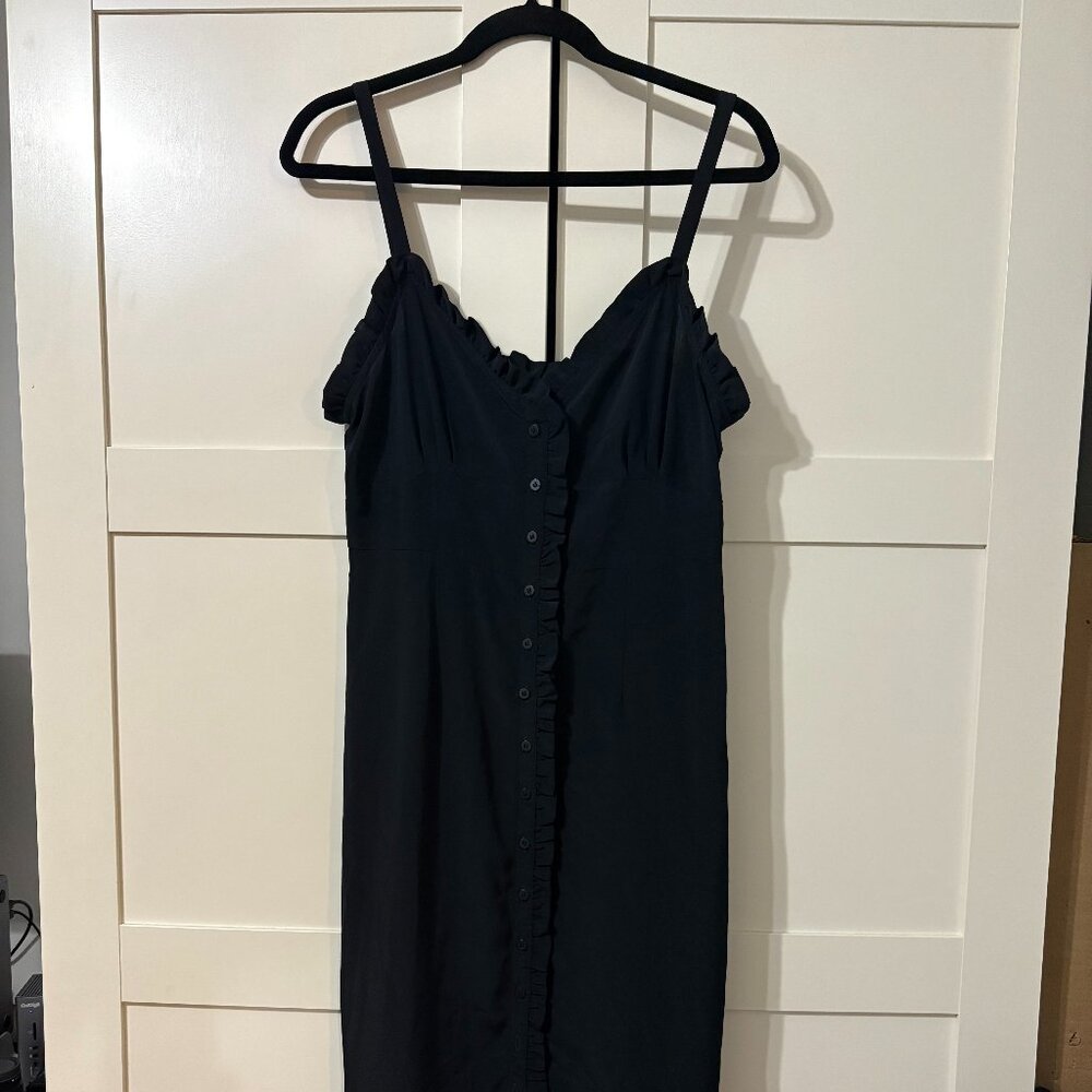 Topshop black midi button through dress with ruffle detail size US8